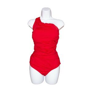 Unique & Classic One-Shoulder Mesh Swimsuit Red Size 3XL